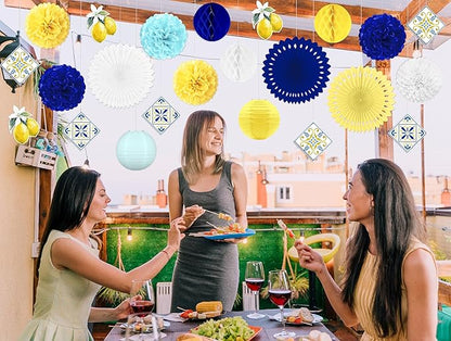 23pcs Amalfi Coast Party Decorations - Capri Lemon Yellow Blue White Hanging Paper Lanterns, Fans, Pom Poms, Honeycomb for Birthday, Baby Shower, Mediterranean, Italian Summer Themed Decor