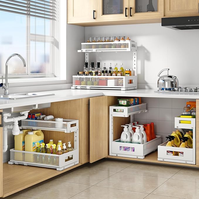1 Pack 17IN Depth Under Sink Storage Organizer, Large 2-Tier Elegant Mesh Pull Out Shelf for Kitchen and Bathroom Cabinet Organization, L-Shaped and Adjustable Height Design-White
