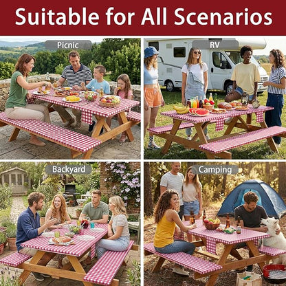 Fitted Picnic Table Cover with Bench Covers Elastic Waterproof Outdoor Camping Tablecloth for 8 Foot Rectangle Tables Camper Summer Accessories Rv Car Essentials Vacation Gifts for Men Women