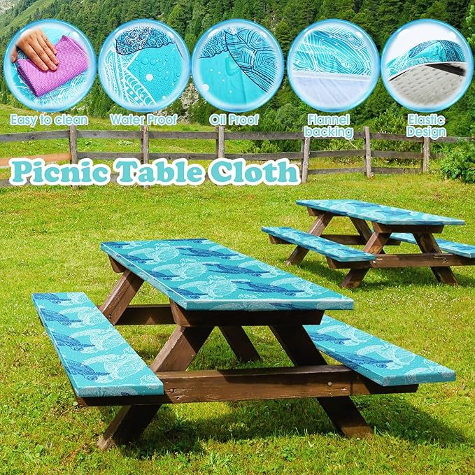 Boao 3 Pcs Vinyl Picnic Table Cover with Bench Cover 6 ft 30 x 72 Inch Waterproof Fitted Tablecloth Flannel Backing Rectangular Elastic Edged for Camping Outdoor Patio Travel(Turtle)