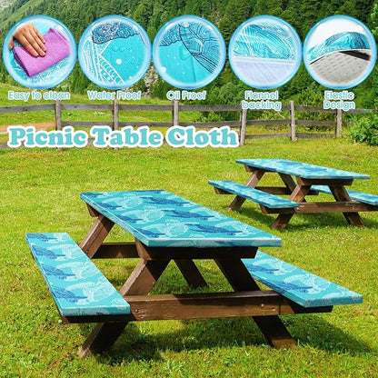 Boao 3 Pcs Vinyl Picnic Table Cover with Bench Cover 6 ft 30 x 72 Inch Waterproof Fitted Tablecloth Flannel Backing Rectangular Elastic Edged for Camping Outdoor Patio Travel(Turtle)