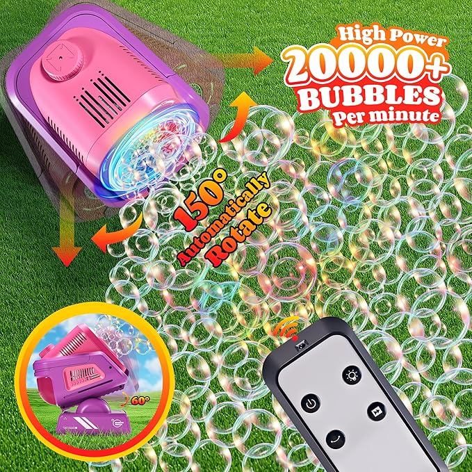Belemar Upgraded Bubble Machine with Remote Control, Automatic Rotation & RGB Lights, 1800mAh Rechargeable Battery, Type-C Charge, Bubble Maker for Kids, Weddings, Birthday Parties, Outdoor Activities