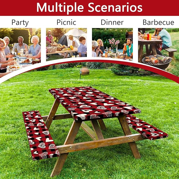 Valentines Day Picnic Table Cover with Bench Covers, Camping Essentials, Heart Buffalo Plaid Outdoor Table Covers, Waterproof Windproof, Fitted Tablecloth Cover with Elastic Edge, 3 PCS, 30x60 Inch