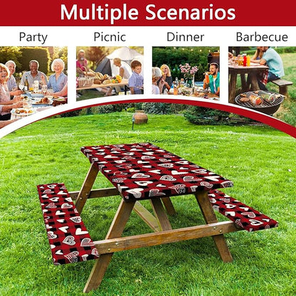 Valentines Day Picnic Table Cover with Bench Covers, Camping Essentials, Heart Buffalo Plaid Outdoor Table Covers, Waterproof Windproof, Fitted Tablecloth Cover with Elastic Edge, 3 PCS, 30x60 Inch
