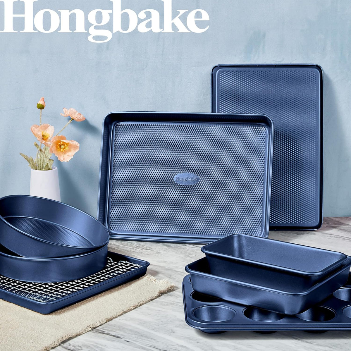 Hongbake 9-Piece Baking Pans Set Nonstick, Stackable Non Toxic Bakeware Sets with Diamond Texture, Oven Pan Set for Cooking