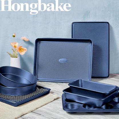 Hongbake 9-Piece Baking Pans Set Nonstick, Stackable Non Toxic Bakeware Sets with Diamond Texture, Oven Pan Set for Cooking