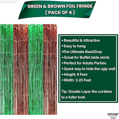 KatchOn, XtraLarge Green and Brown Backdrop - 3.25x 8 Feet, Pack of 4 | Green and Brown Fringe Backdrop Curtains for Football Party Decorations | Foil Fringe Curtains for Dinosaur Birthday Decor