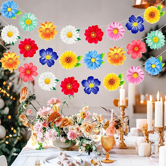 2pcs Colorful Daisy Flower Garland Banner, Spring Summer Floral Bunting Hanging Decor for Birthday Baby Shower Wedding Garden Tea Pool Party Supplies
