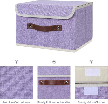 ANMINY 4PCS Storage Bins with Lid PU Leather Handles Storage Boxes PP Plastic Board Decorative Foldable Lidded Cotton Linen Fabric Home Cubes Baskets Closet Organizer Containers - Purple, Small Size
