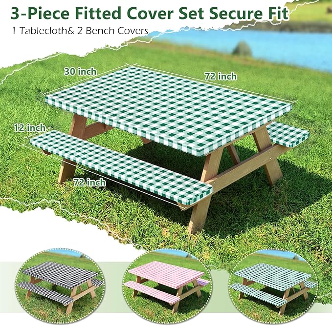 Picnic Table Cover with Bench Covers and Bag, Camping Table Camping Essentials Cover with Elastic Edges(Green)