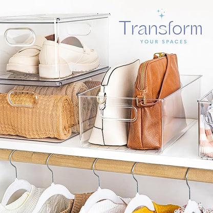 Plastic Food Storage 8 Pack Clear Container Bin with Handles for Organizing Kitchen, Pantry, Refrigerator, Freezer, Pantry, Cabinet, Closet, Bathroom. 16”x8”x5”