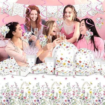 152 Pcs Spring Wildflower Party Decorations Include Plates, Napkins, Cups, Banner, Tablecloth for Floral Birthday Wedding Baby Shower Party, Serve 24