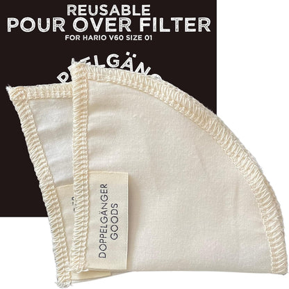 2-Pack) Reusable Organic Cotton Filters for Hario V60 and Origami Style Pourover Coffee Filters, Ceramic Cup, Glass, Plastic Dripper (Size 01
