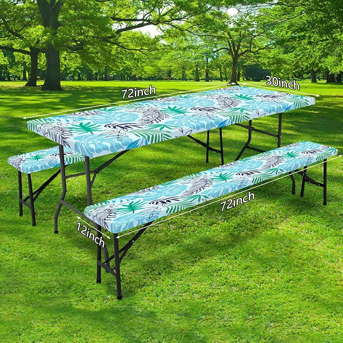 Palm Leaf Picnic Table Cover with Bench Covers, Waterproof Summer Tropical Hawaiian Green Leaves Tablecloth for Camping Indoor Outdoor Party Decorations, 30X60in