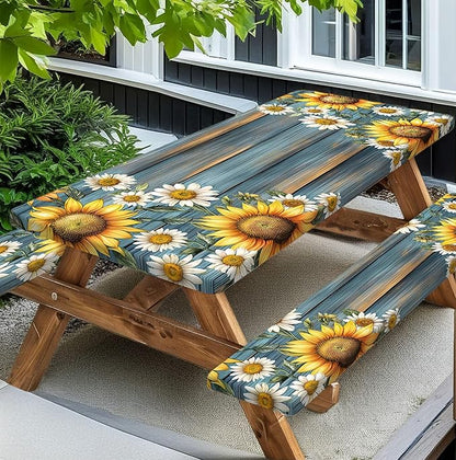 Picnic Table Cover with Bench Covers Camping Essentials Waterproof Windproof Camping Tablecloth with Drawstring Bag, Fitted Rectangle Tables and Seats, 72in, Teal Wooden Sunflower