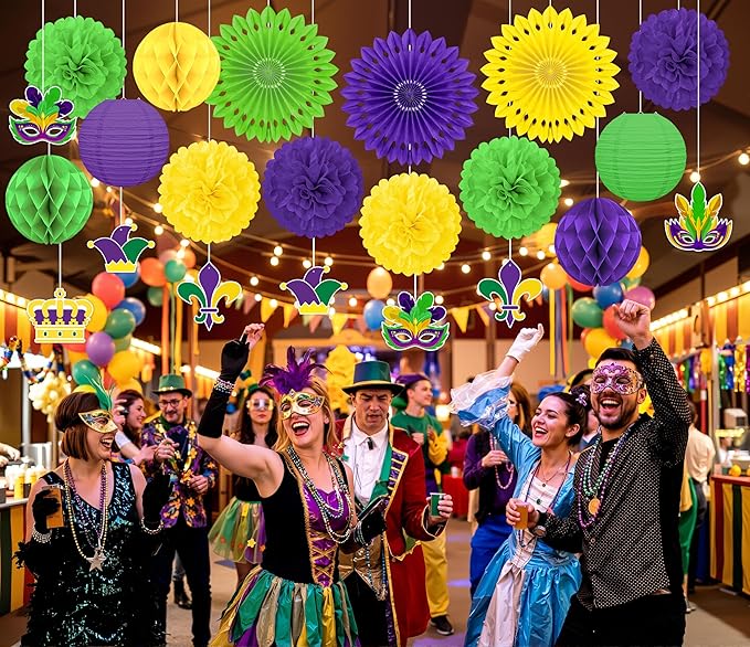22pcs Mardi Gras Party Decorations – Purple Gold Green Paper Fans, Honeycomb Hangings for Carnival, Centerpieces, Birthday Supplies