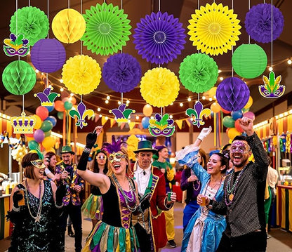 22pcs Mardi Gras Party Decorations – Purple Gold Green Paper Fans, Honeycomb Hangings for Carnival, Centerpieces, Birthday Supplies