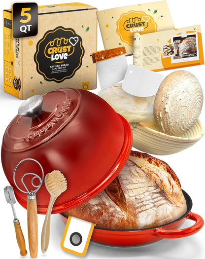 Dutch Oven Bread Baking - 5QT Enamel Bread-Oven - incl Sourdough Bread-Baking Suppliers like Dough Whisk Scoring Lame etc Bread-Dome Cast Iron Bread-Pan with Lid for Sour dough, Bread-making
