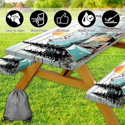 Picnic Table Cover with Bench Covers and Bag, Wooden Camper Waterproof Windproof, Fitted Tablecloth Cover with Elastic Edge, for Indoor & Outdoor, Garden, Camping, 3 Pieces Set, 30x72 Inch
