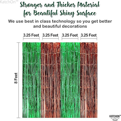 KatchOn, XtraLarge Green and Brown Backdrop - 3.25x 8 Feet, Pack of 4 | Green and Brown Fringe Backdrop Curtains for Football Party Decorations | Foil Fringe Curtains for Dinosaur Birthday Decor