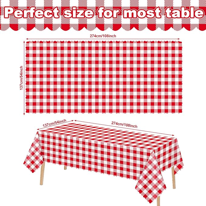 6 Pack Red and White Checkered Tablecloth, Plastic Red Gingham Table Cloth Waterproof Red Checkered Table Cover for Picnic, Banquets, Outdoor Parties 54 X 108Inch