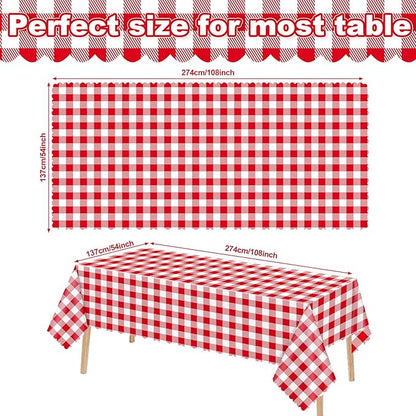 6 Pack Red and White Checkered Tablecloth, Plastic Red Gingham Table Cloth Waterproof Red Checkered Table Cover for Picnic, Banquets, Outdoor Parties 54 X 108Inch
