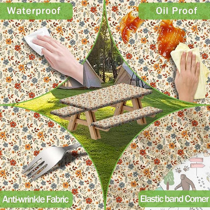 JAWO Boho Floral Picnic Table Covers with Bench Covers, Fall Autumn Flowers Tablecloth, Outdoor Table Cover Set, Patio Camping Picnic Table Protector, 72x30 Inch
