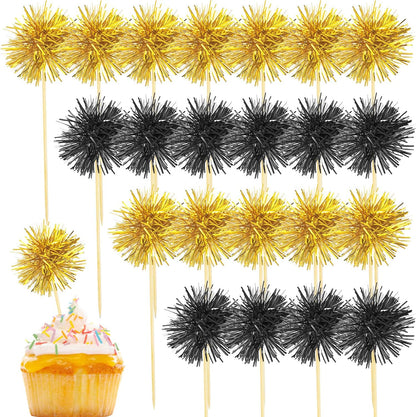 80 Pcs Firework Cupcake Topper Gold Graduation Cake Decorations Foil Frill Toothpicks for Party Decoration, Cake Toppers, Picnics, Bar, Birthday, Holiday (Black, Gold)