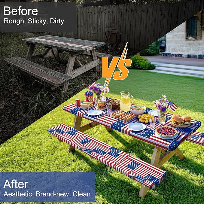 Picnic Table Cover with Bench Covers Windproof Waterproof Picnic Table Covers Camping Tablecloth with Self-Storage Bag, 72in, Multi Flag Patchwork