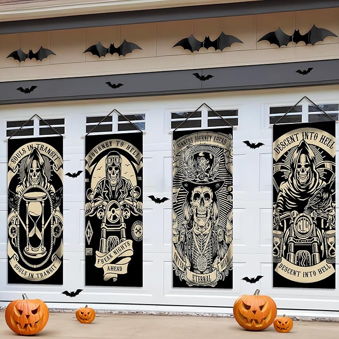 KatchOn, Scary Halloween wall decorations - Pack of 4 | Grim Reaper Stretching Portraits For Halloween Decoration | Vintage Vinyl Hanging Portraits for Haunted House Decoration for Outdoor Indoor Home