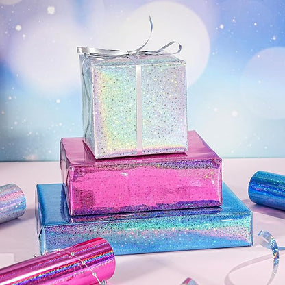 RAPAHOLIC Metallic Holographic Wrapping Paper - 3 Mini Rolls - 17 Inch x 120 Inch Per Roll - Blue White Pink Holographic Star Wrapping Paper for Birthday, Wedding, Baby Shower, Bridal Shower