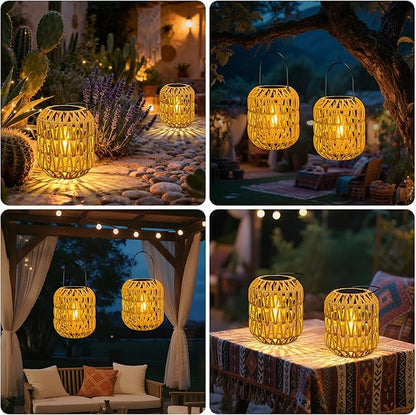 2 Pack Solar Lanterns Outdoor Waterproof,Rattan Solar Lantern for Yard,Outdoor Garden Lights,Hanging Lanterns Decorative Birthday Gifts for Mom Grandma,Outdoor Lanterns for Porch,Patio,Pathway