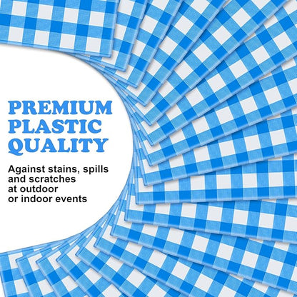 12 Pieces Plastic Checkered Tablecloth Gingham Tablecloth Rectangle Disposable Plaid Table Cloth 54 x 108 Inch 8 Foot Waterproof Picnic Table Covers for Barbecue Holiday Birthday Party(Blue Checkered)
