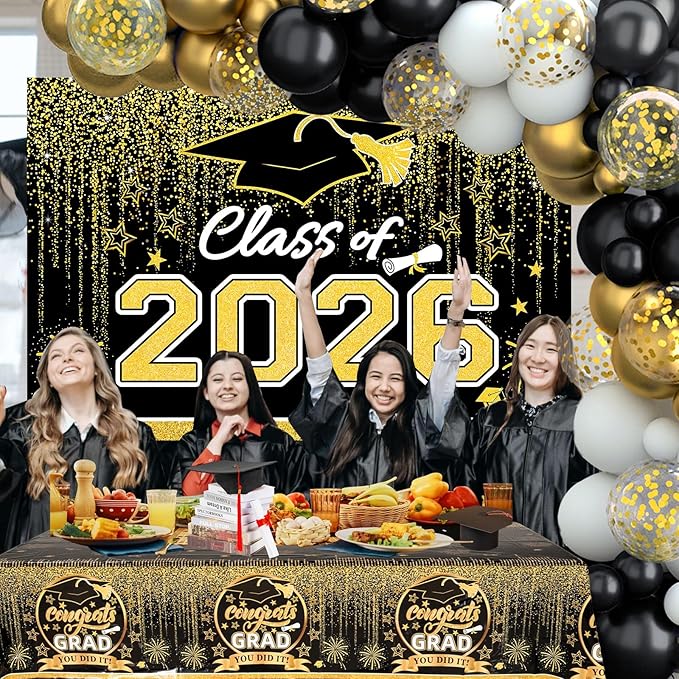 Graduation Decorations 2026, Black and Gold Balloon Garland Arch, Black and Gold Graduation Decorations with Congrats Grad Tablecloth and Class of 2026 Backdrop for High School College Grad Party