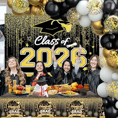 Graduation Decorations 2026, Black and Gold Balloon Garland Arch, Black and Gold Graduation Decorations with Congrats Grad Tablecloth and Class of 2026 Backdrop for High School College Grad Party