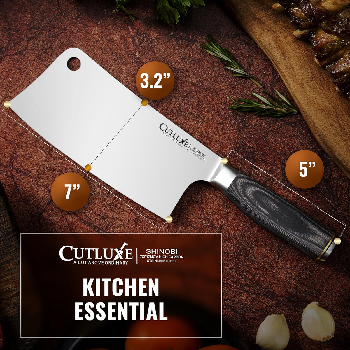 Cutluxe Meat Cleaver Knife – Ultra Sharp 7" Meat Cleaver, Butcher Knife, High Carbon Stainless Steel Blade, Full Tang Pakkawood Handle