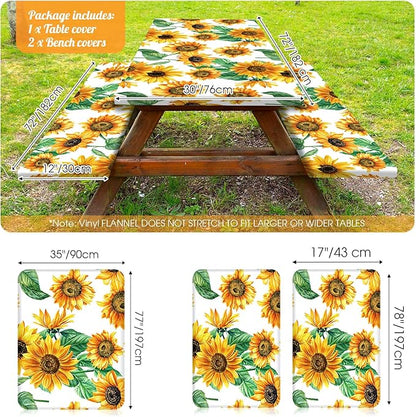Boao 3 Pcs Vinyl Picnic Table Cover with Bench Cover 6 ft 30 x 72 Inch Waterproof Fitted Tablecloth Flannel Backing Rectangular Elastic Edged for Camping Outdoor Patio Travel(Sunflower)