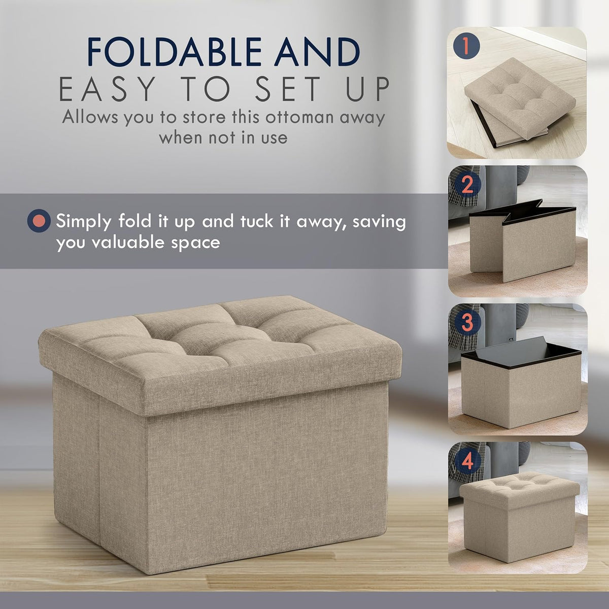 Ornavo Home Small Storage Ottoman, Set of 2, Foldable Collapsible Rectangle Linen Ottoman Foot Rest Stool Seat, for Living Room, Bedroom, Home Office, Dorm - 12 x 16 x 12, Taupe