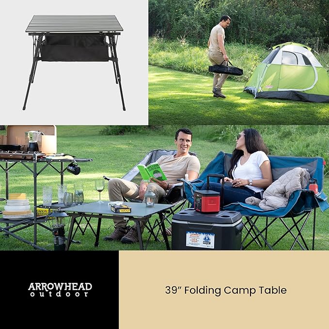 ARROWHEAD OUTDOOR 2-Pack 39" Aluminum Folding Camp Roll Up Table w/Adjustable Height, Undertable Mesh Storage, Carry Bag