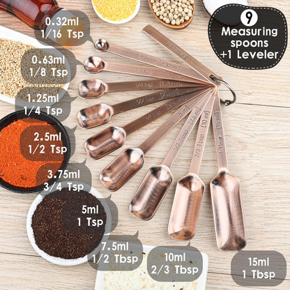 Copper Measuring Spoons Set, Stainless Steel Measuring Spoons Set 10, Metric&US Long Handle Measure Spoons for Kitchen&Baking