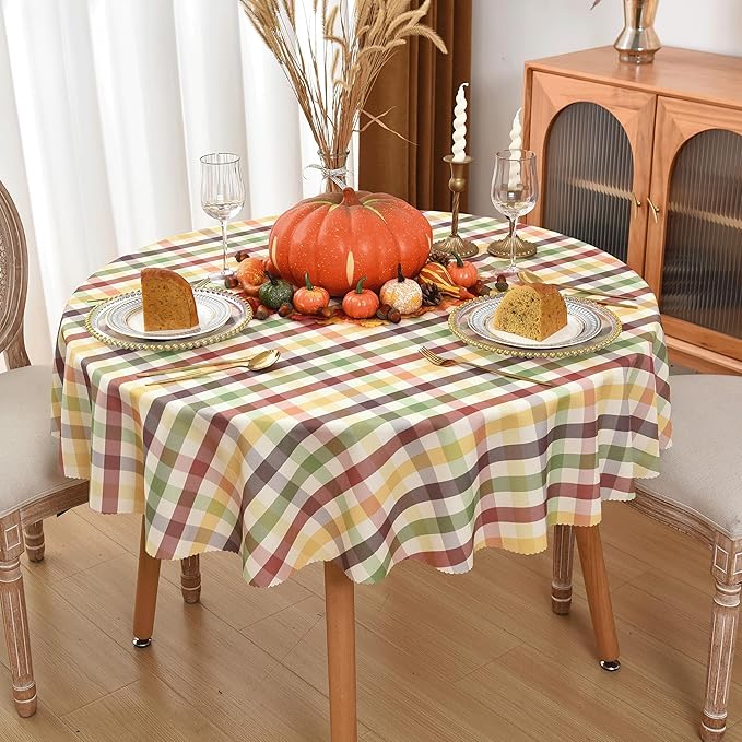 Waterproof Plaid Tablecloth Fabric - Round 58 Inch Classic Gingham Checker Table Cloth for Indoor/Outdoor Use - Buffalo Table Cover for Picnics, BBQs, and Parties