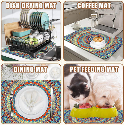 Boho Mandala Ethnic Coffee Mat Absorbent Dish Drying Mat for Kitchen Counter Hide Stain Rubber Backed Coffee Bar Accessories Fit Under Espresso Machine Dish Drainer 11.8 x 19.7 Inch