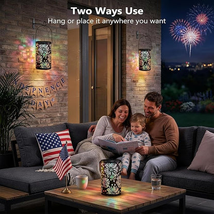 Brizled Solar Lantern Outdoor, July 4th Firework Lanterns Colorful, Waterproof LED Solar Tabletop Lamp, 2 Pack Hanging Solar Garden Lanterns, Metal Garden Pathway Lighting for Patio Path Porch Balcony