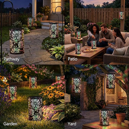 Brizled Solar Lantern Outdoor, July 4th Firework Lanterns Colorful, Waterproof LED Solar Tabletop Lamp, 2 Pack Hanging Solar Garden Lanterns, Metal Garden Pathway Lighting for Patio Path Porch Balcony