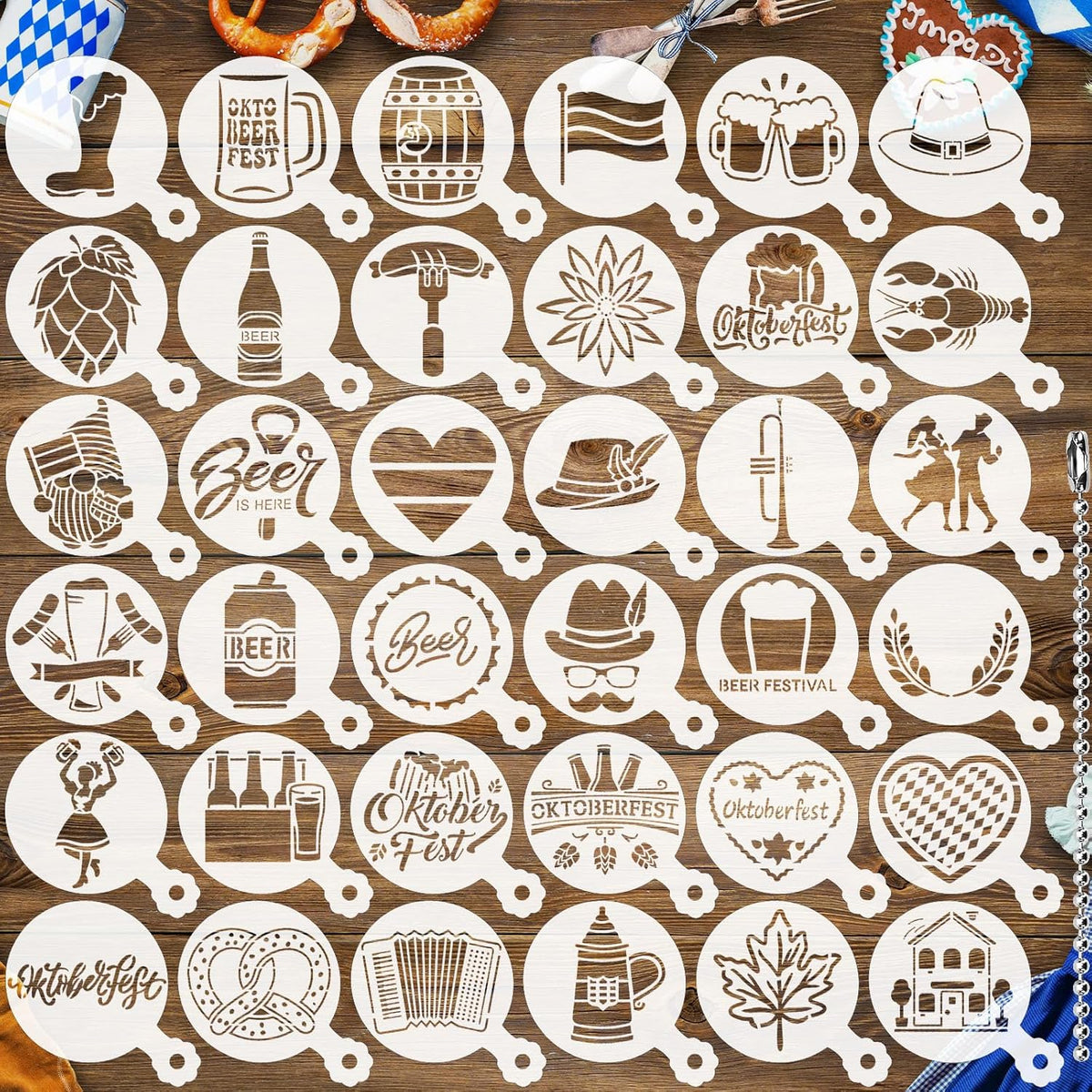 Julbear 36 Pieces Reusable Oktoberfest Cookie Cake Stencils Bavarian Style Templates Mold Tools for Oktoberfest Party Cookies Baking Painting Coffee