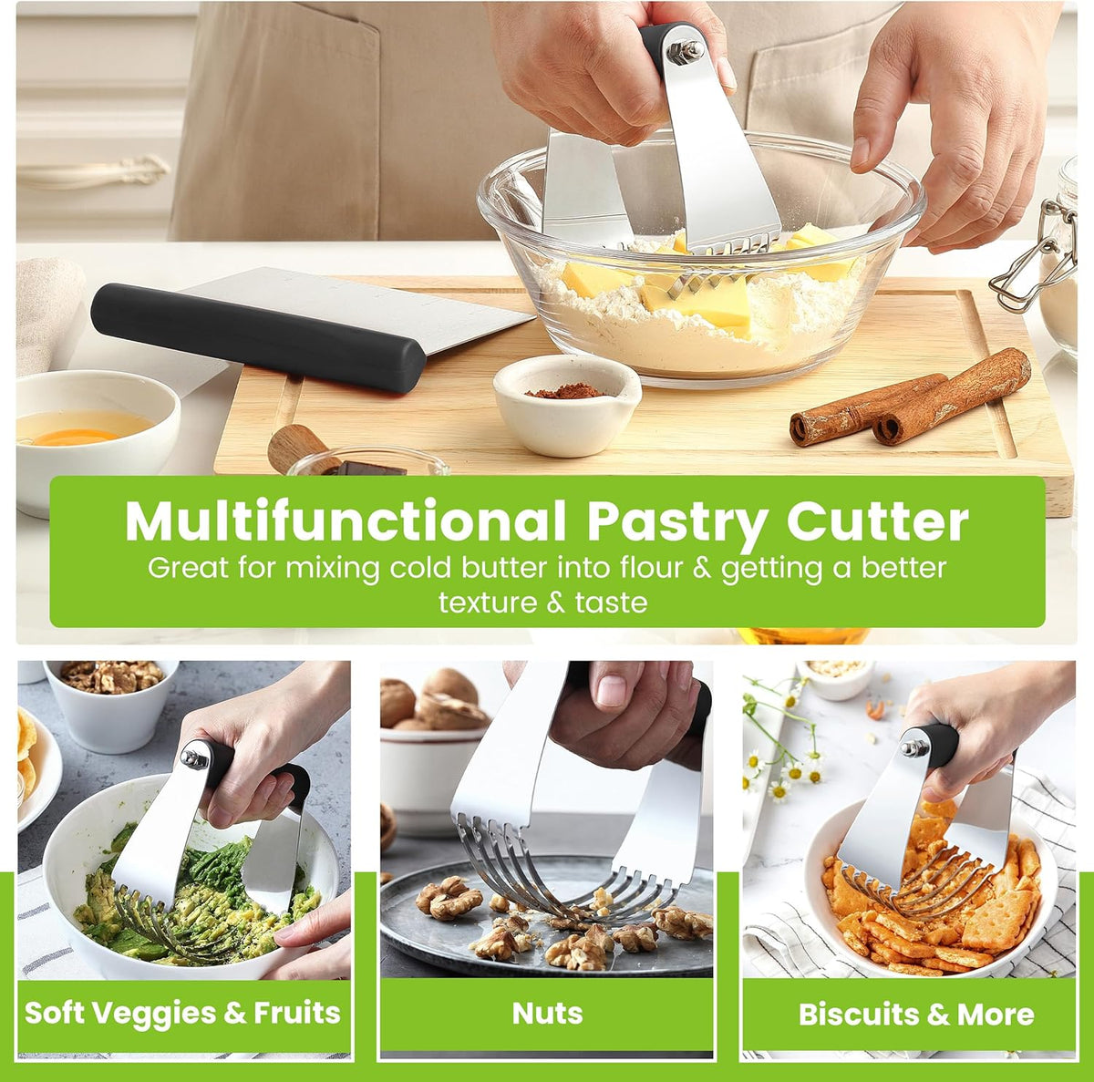 Spring Chef Dough Blender & Pastry Cutter Tool, Stainless Steel Pastry Blender & Bench Scraper for Pizza, Nut, Pie