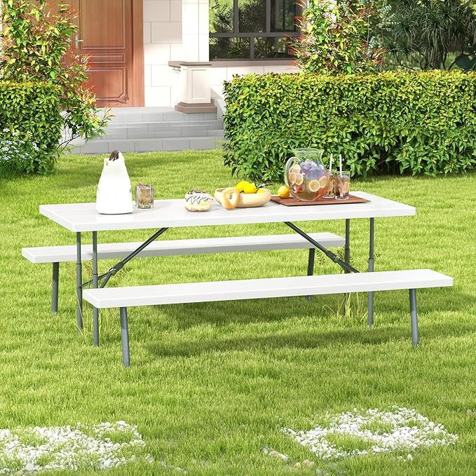 Giantex Folding Picnic Table - 6 FT Outdoor Table Bench Set for 8 Persons w/All-Weather HDPE Tabletop, Metal Leg, Umbrella Hole, Large Outside Dining Table for Patio Garden Yard Poolside (White)
