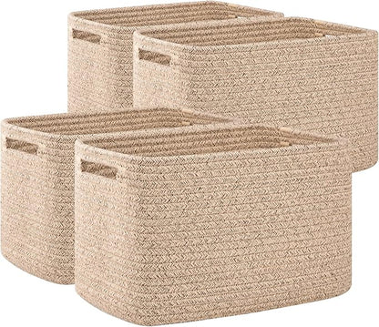 OIAHOMY 4 Pack Storage Baskets for Organizing, Cube Storage Bins for Shelves, Rectangle Storage Baskets With Handles, Woven Baskets for Storage, 16''Lx12''Wx8''H, Brown