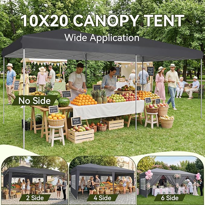Aoxun 10x20 Pop Up Canopy Tent with 6 Removable Sidewalls, One Push Party Tent Waterproof Outdoor Canopy with 3 Adjustable Height, Portable Tents for Parties, Wedding, Commercial, Market