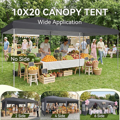 Aoxun 10x20 Pop Up Canopy Tent with 6 Removable Sidewalls, One Push Party Tent Waterproof Outdoor Canopy with 3 Adjustable Height, Portable Tents for Parties, Wedding, Commercial, Market